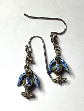 VINTAGE antique CHINESE SMALL STERLING SILVER BLUE ENAMEL DROP PIERCED EARRINGS picture