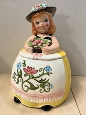 1950’s Lefton’s 1174 Ceramic Cookie Jar Girl Yellow Dress Hat Floral Hat & Apron picture