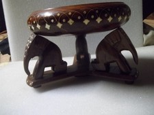 Vintage Carved Wood Bowl With 3 Kneeling Elephant  Bowl Stand With Inlays picture