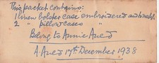 3 Antique 1938 Annie Auld Handwritten Luggage Tags Household Linen Inventory picture