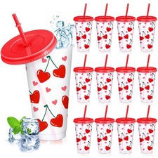 Reallnaive 12 Pcs Valentine Cherry Cups with Lids and Straws, 24 oz picture