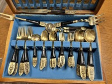 Vintage SIAM Thailand Brass Flatware Set Service for 6 40 Pc Black Handles + Cas picture