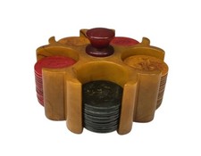 Vintage Bakelite Mini Poker Chips and Caddy Set Butterscotch picture
