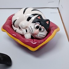 Vintage Clay Art Cat on Pillow Bed Salt and Pepper Shakers Set Black White picture
