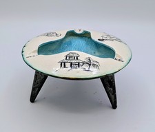 Vintage 1962 JHS Tiki Sputnik Tripod Pottery Ashtray MCM Turquoise 5.5