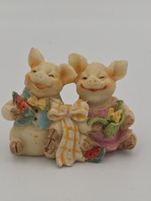 Vintage Two Happy Kitsch Pigs anthropomorphic Figurines Eating Watermelon Corn picture