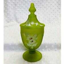 Vintage Westmoreland Green Frosted Satin Glass, White Daisy Covered Candy Dish picture