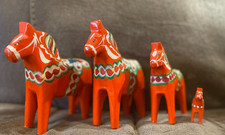4  Vintage Swedish Nils Olsson Dala Wood Horses Hand Painted with Labels picture