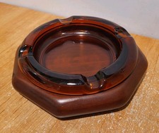 AMBER GLASS  ASHTRAY  7 inch.    w/Wood Base   Mid Century Collectible picture
