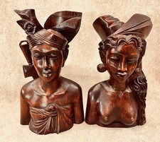 Vintage BALI Tribal Man & Woman Carved Solid Wood Art Bust Sculpture Pair picture