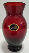Vtg 1960s Anchor Hocking Royal Ruby Flared Top Glass Vase Orig Foil Label 6.25