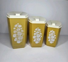 Vintage Retro Yellow Plastic Kitchen Canisters Set 3 Nesting 6pc picture