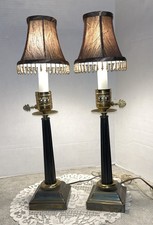 VTG 2 Brass Traditional Candlestick Table Lamps /Shell Switch& Beaded Shades-762 picture