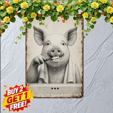 Cute Farmhouse Pig Brushing Teeth Restroom Metal Tin Sign Bathroom Wall Plaque picture