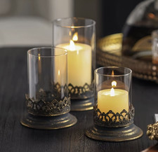 Vintage Metal & Glass Candle Holder Set of 3 Antique Iron Rustic Patina picture