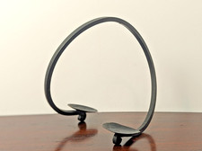 Vintage Modernist Black Wrought Iron Double Taper Candle Holder Arch Loop picture
