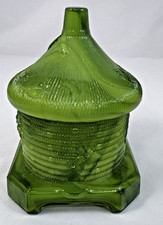 Boyd Green Slag Milk Glass Bee Hive Honey Pot Covered Dish-MARKED picture