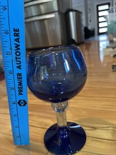 Unique Hand Blown Cobalt Blue Studio Art Glass Goblet Bubble Stem 7” 1.5 Lb picture