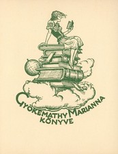 Vtg Bookplate Ex Libris Woman Reading On Stack Of Books Globe Clouds Petry Y1886 picture