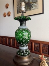 Antique Bohemian Czech Green Art Glass Table Lamp Hand Enameled Gilt 16.5” picture