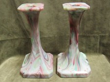 Vintage 1900's Slag Glass Tall Candlesticks Pink Green Clear Purple Unique Color picture