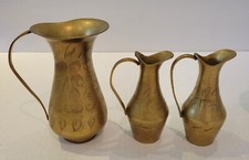 3 Vintage Etched Brass Pitchers Matching Set Collectible MCM Mid Century Modern picture
