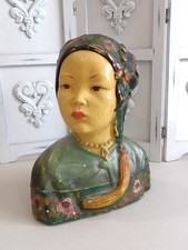 1923~Antique Joe Celona Chalkware Asian Woman Head Bust~Orig San Francisco Label picture