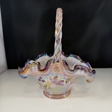 Fenton Glass Iridescent Ribbon Candy Morning Glory Hummingbird Basket picture