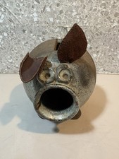 VTG Handcrafted Stoneware Pottery Glazed Piggy Bank With Leather Ears picture