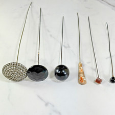 6 Antique Hat Pins Hatpin Lot MOP Rhinestone Faceted Jet Wood Ball 7