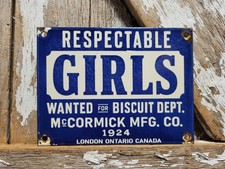 VINTAGE RESPECTABLE GIRLS WANTED PORCELAIN SIGN OLD MCCORMICK BISCUITS FACTORY picture