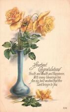 1921 Heartiest Congratulations Greetings Yellow Flowers & Vase Vintage Postcard picture