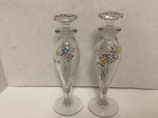 Vtg. Pr. Heisey Painted Embellishment Faceted Stem Perfume Bottles W/ Stoppers picture