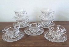 Vintage Fostoria American Clear Cubist Glass Cup & Saucer Set of 7  picture