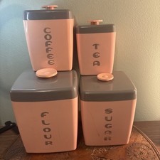 Vintage MCM 1950's Lustro Ware Brand Pink & Gray Kitchen Canister Set Of 4 picture