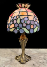 Vtg PartyLite Hydrangea Tiffany Style Stained Glass Shade Candle Lamp 10.75