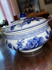 7 1/2x6 Chinese  Blue White Tureen Pot Bowl lid Hallmark Stamp Import Heavy picture