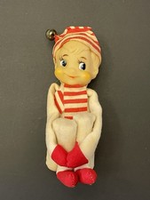 Vintage Knee Hugger Elf Pixie White Red Stripes Blonde Christmas Ornament picture