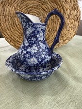 Antique Victorian Ware Vintage Blue Floral Chintz With Water Pitcher And Bowl picture