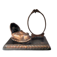 Vtg Bronzed Copper Baby Shoe Photo Frame Stand Nursery Decor Art Deco Style READ picture