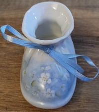 Tiny Vtg Bone China Baby Shoe With Delicate Daisies Painted On A Blue Background picture