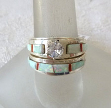 Navajo Wilbert Muskett Inlaid Opal Wedding Ring Set 925 Sterling Silver Sz 7.5 picture