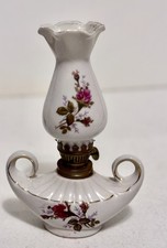 Vtg RoseBud Floral Oil Lamp GenieAladdin Porcelain Japan FingerLoop Goldtrim picture
