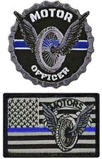MOTOR OFFICER TROOPER POLICE THIN BLUE LINE USA FLAG PATCH | 2PC Hook Back  3
