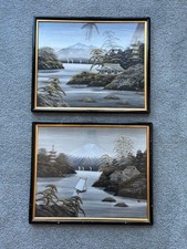 Vintage Japanese Embroidery Silk Tapestry Framed Art Boat Fishing Mt Fuji, Set 2 picture