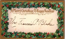 1910-20's MERRY CHRISTMAS HAPPY NEW YEAR HOLLY BORDER ONE-SIDED VICTORIAN CARD picture
