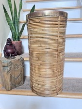 Rare Vintage 1970’s Italian Pencil Reed And Brass Rim Woven Umbrella Stand picture