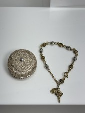 Vintage 800 Silver Filigree Rosary Hinged Trinket Box Gold & Silver Tone Rosary  picture