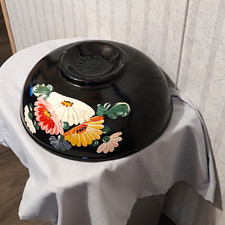 Black & White Ceramic Floral Round Bowl Pink Yellow Green Accents Ransburg, rare picture