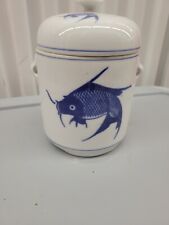 Vintage Asian Blue White Porcelain Koi Fish Ginger Tea Jar Lid Container 7” picture
